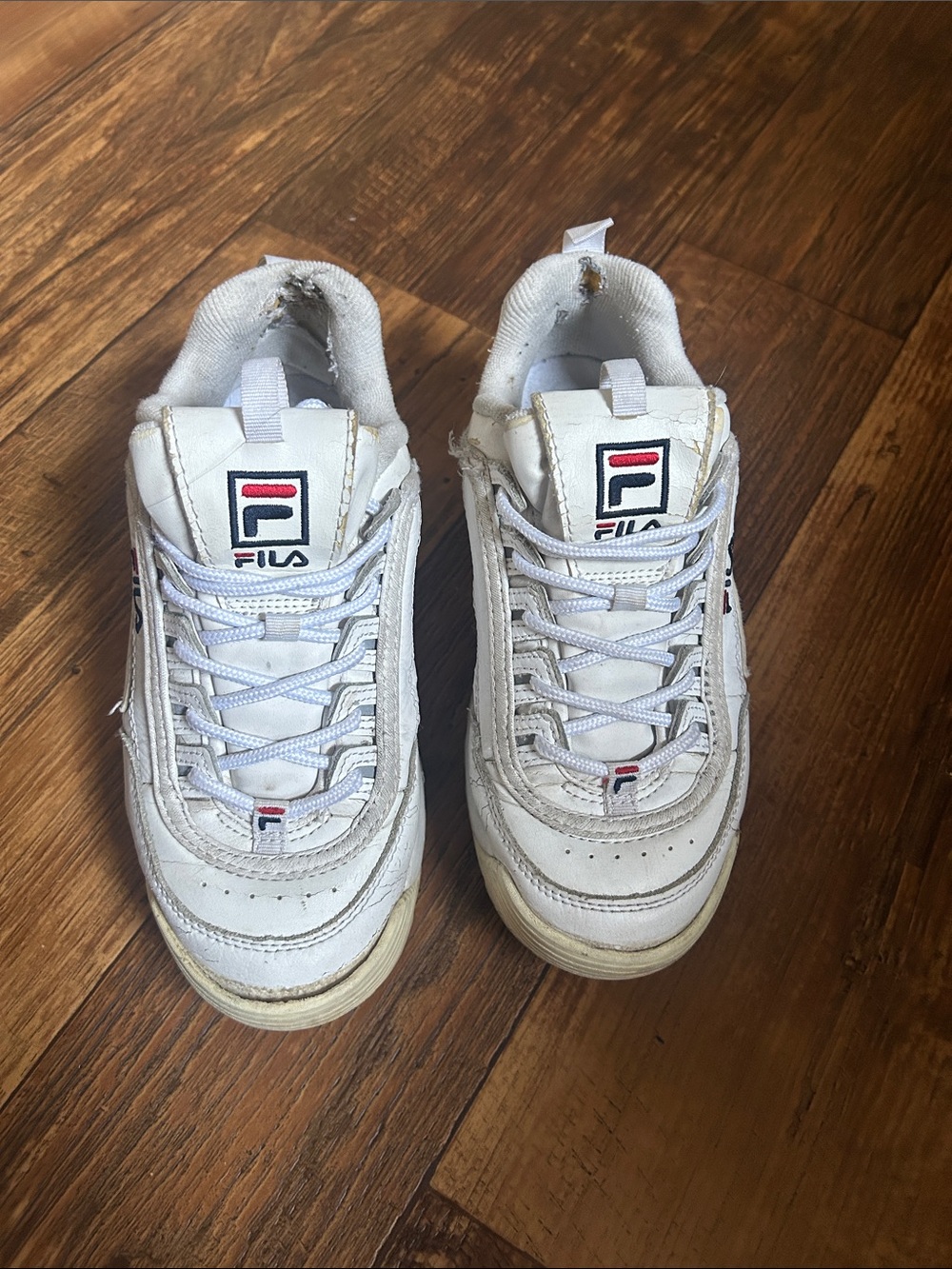 FILA White Sneakers with Red and Navy Logo Accents